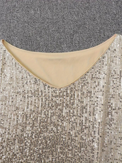 Nina - Robe courte femme à paillettes épaule dénudée et manches longues pour soirée