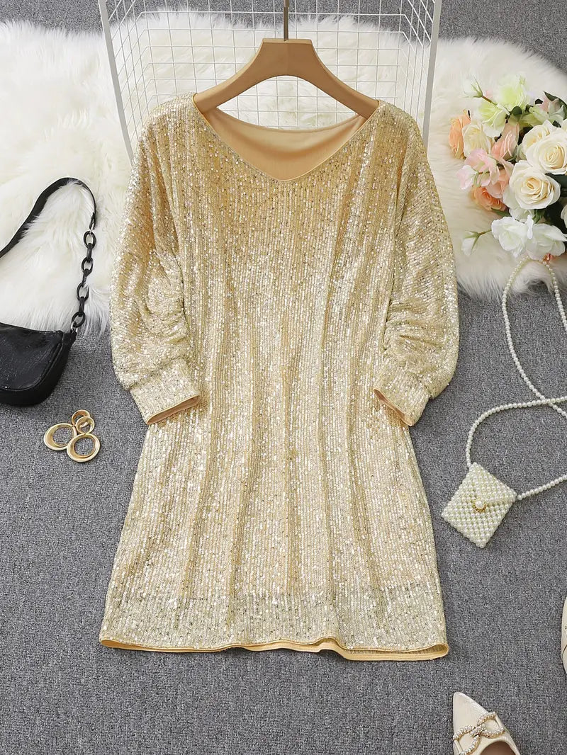 Nina - Robe courte femme à paillettes épaule dénudée et manches longues pour soirée