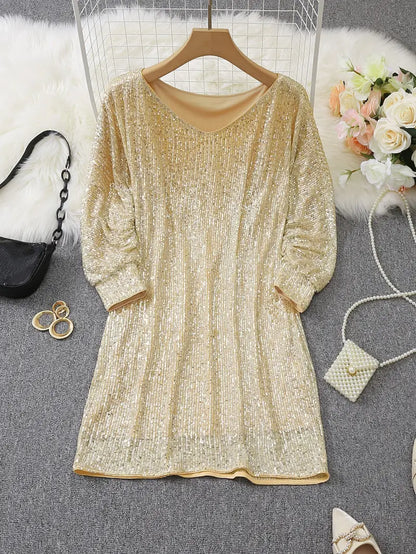 Nina - Robe courte femme à paillettes épaule dénudée et manches longues pour soirée