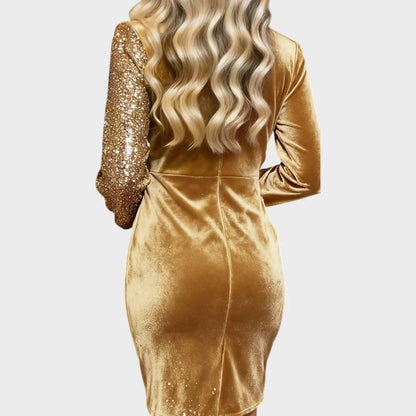 Nina - Robe de noël femme courte à paillettes cache-cœur avec manches longues