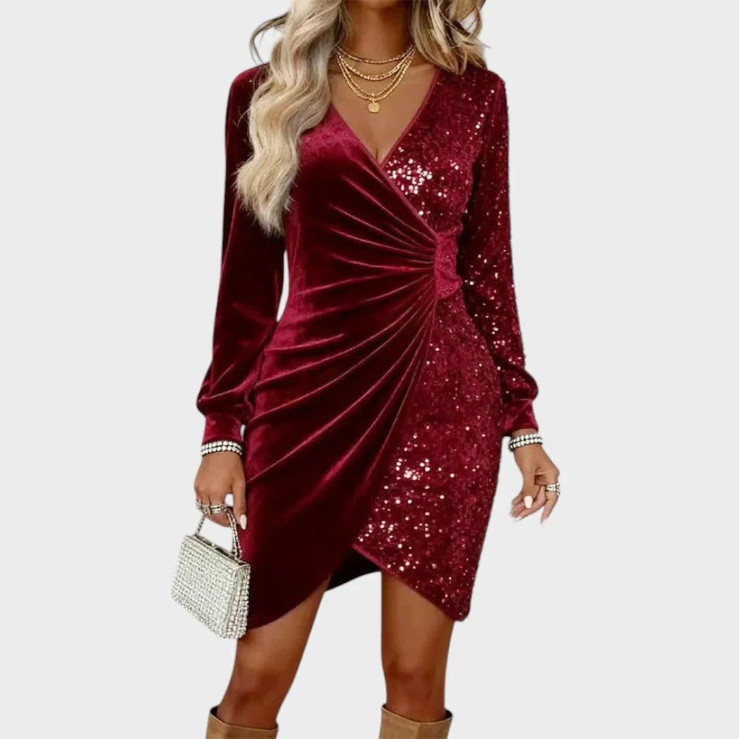 Nina - Robe de noël femme courte à paillettes cache-cœur avec manches longues