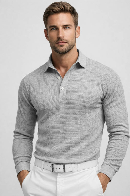 Polo Homme - Manches Longues Texture Gauffrée Col Ouvert | Casual