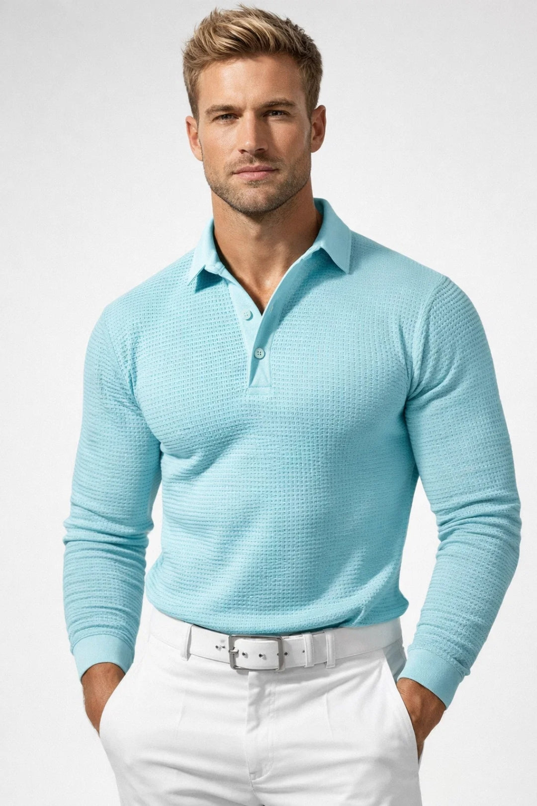 Polo Homme - Manches Longues Texture Gauffrée Col Ouvert | Casual