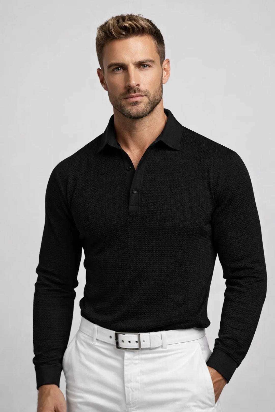 Polo Homme - Manches Longues Texture Gauffrée Col Ouvert | Casual