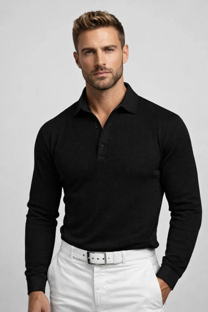 Polo Homme - Manches Longues Texture Gauffrée Col Ouvert | Casual