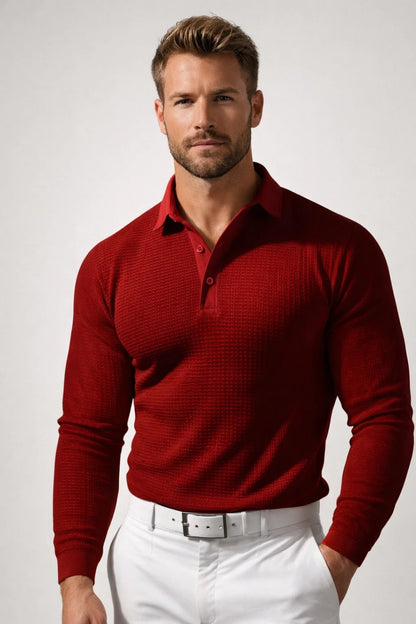 Polo Homme - Manches Longues Texture Gauffrée Col Ouvert | Casual