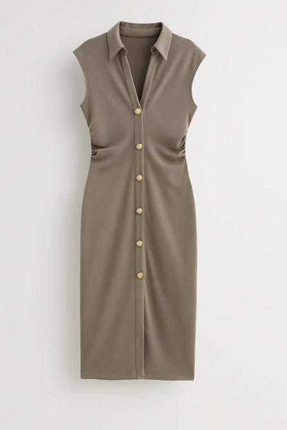 Robe midi Femme - Boutonnée sans Manches Col Chemisier | Chic