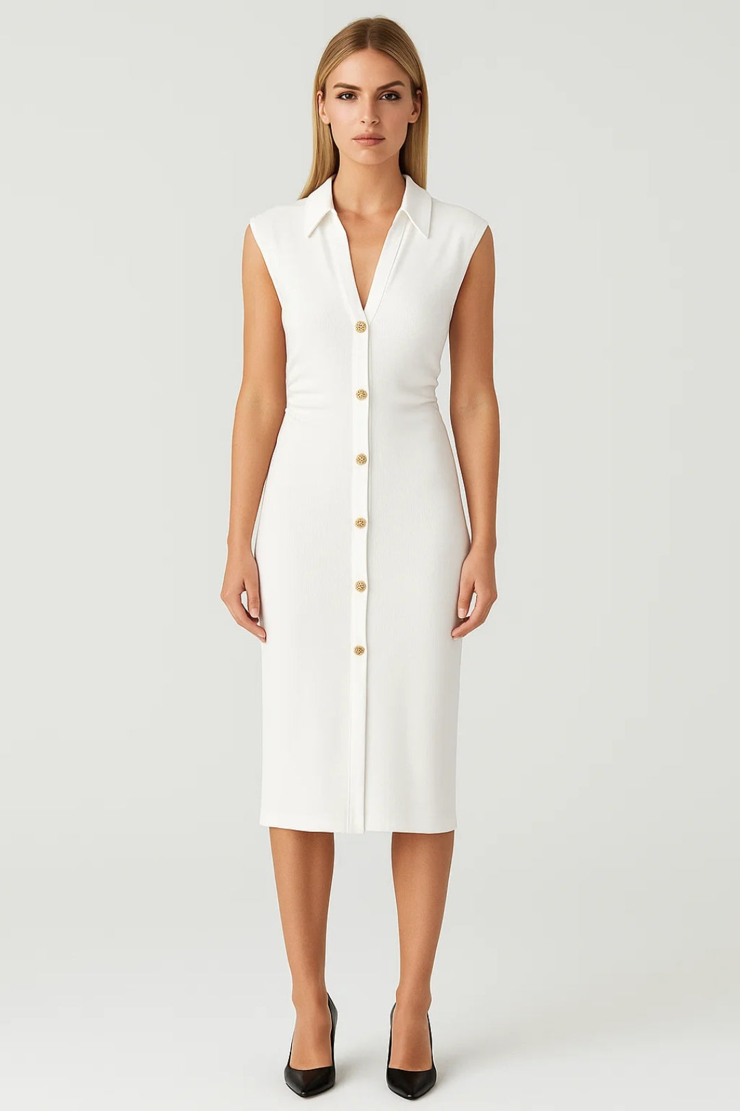 Robe midi Femme - Boutonnée sans Manches Col Chemisier | Chic