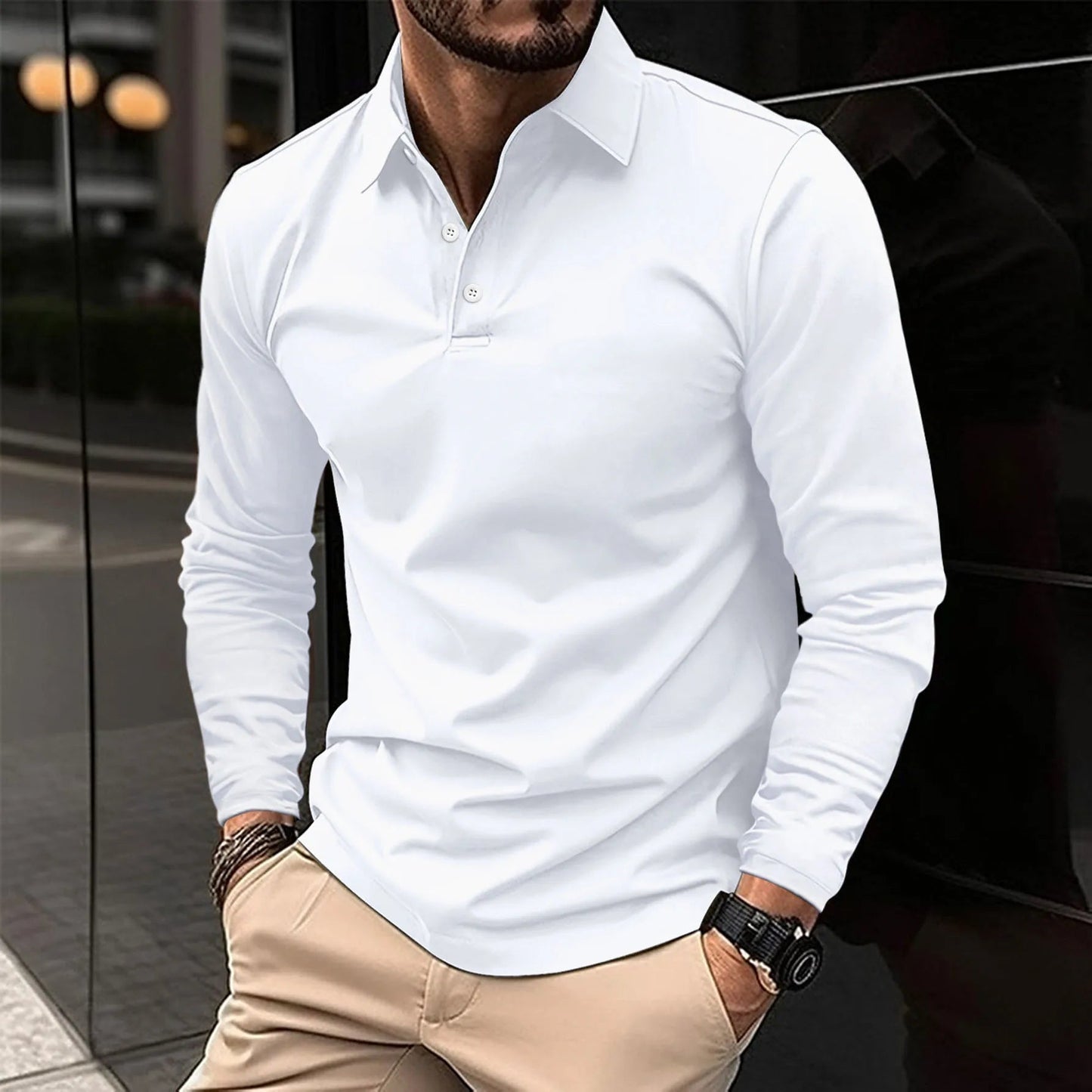 Romain - Polo Homme à Manches Longues avec Col Boutonné Ajusté