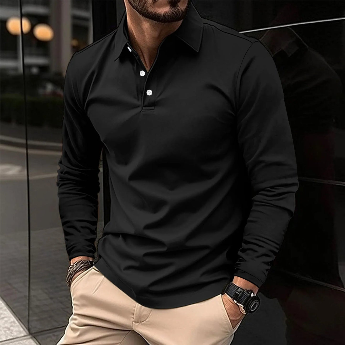 Romain - Polo Homme à Manches Longues avec Col Boutonné Ajusté