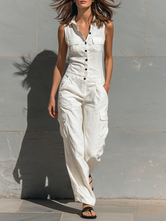 Romane - Combinaison en Lin Femme Moderne avec Poches Cargo et Col Chemise