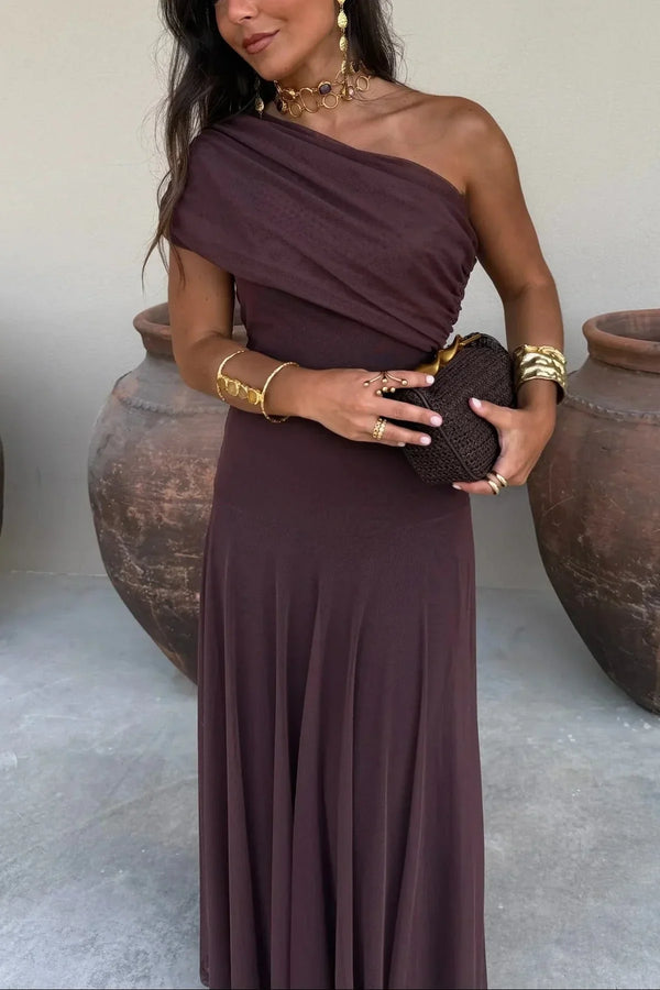 Séraphine - Robe Invitée Mariage Femme Élégante à une Épaule avec Drapé Fluide et Coupe Maxi