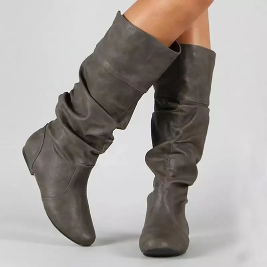 Sarah - Bottes hautes femme mollets larges à talon plat et tige froncée