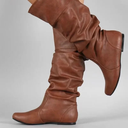 Sarah - Bottes hautes femme mollets larges à talon plat et tige froncée