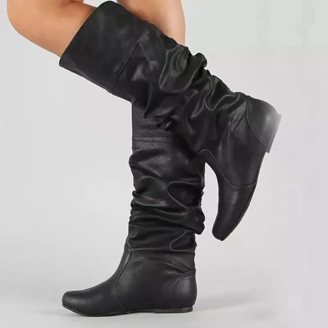 Sarah - Bottes hautes femme mollets larges à talon plat et tige froncée