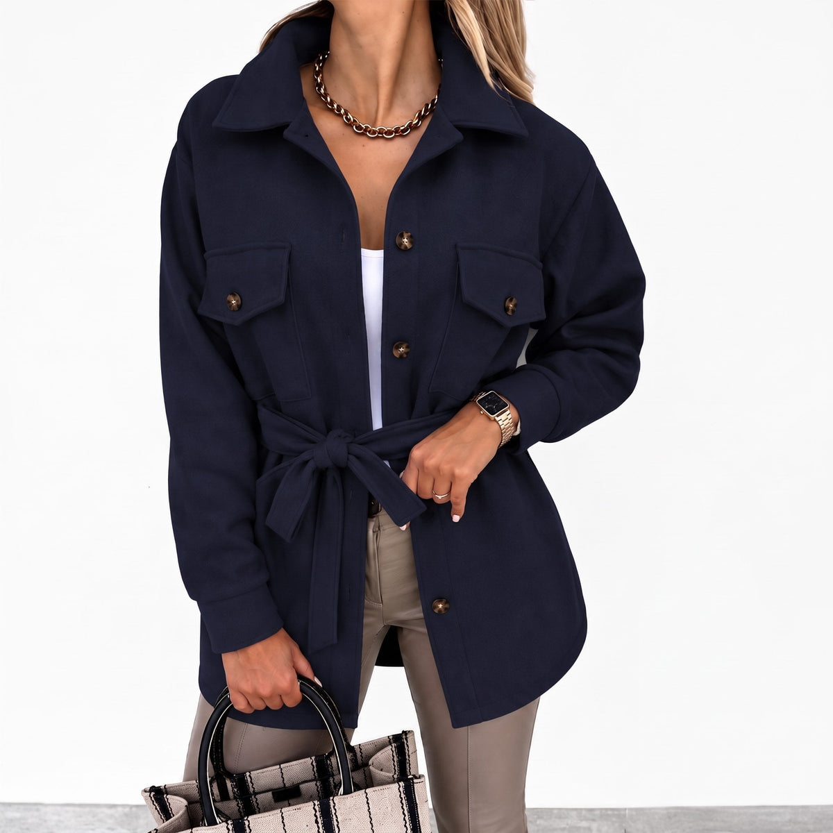 Sarah - Veste femme oversize et chaude avec ceinture et col chemise