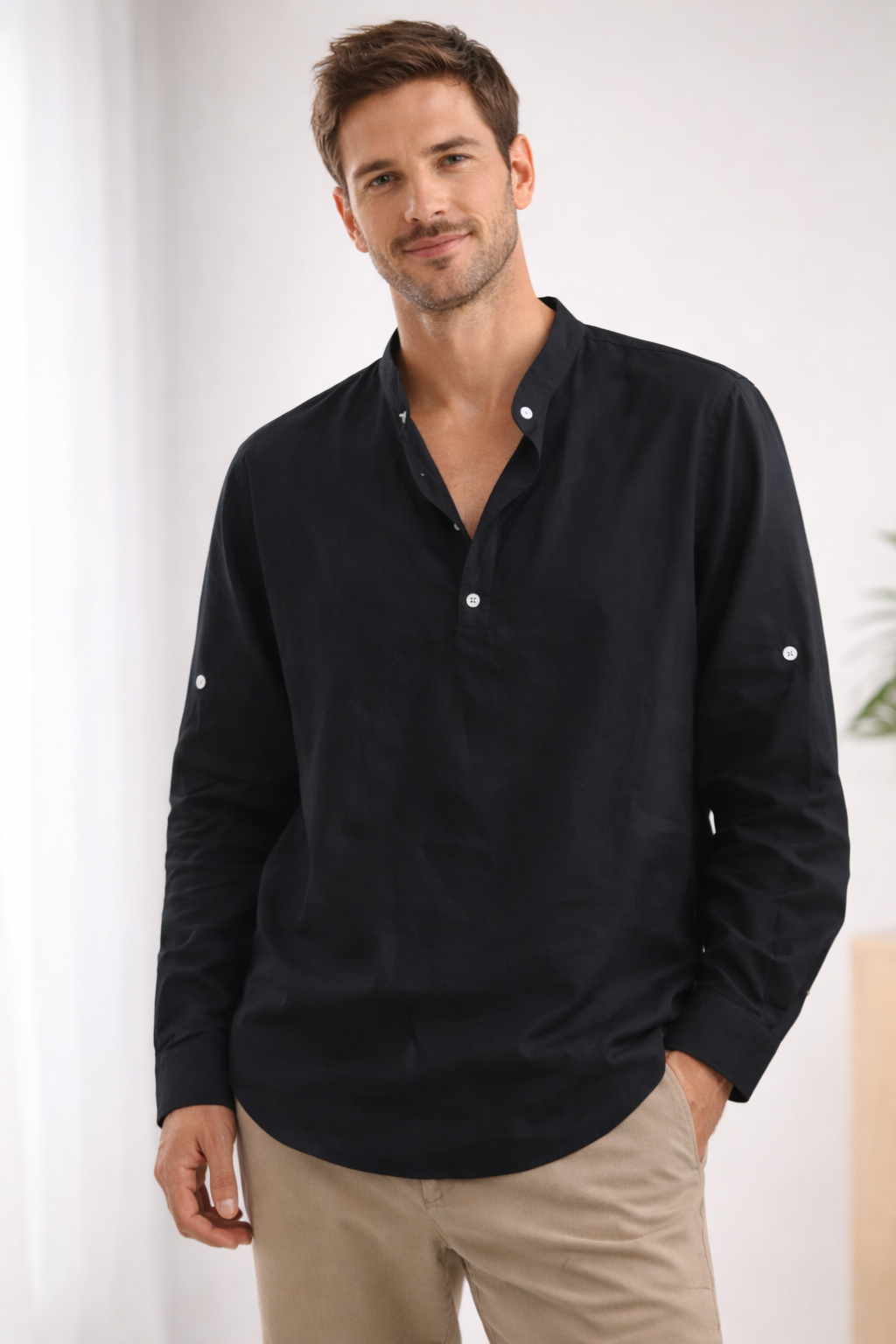 Théo - Chemise en Lin Homme Bohème à Col Mao et Manches Retroussables Casual