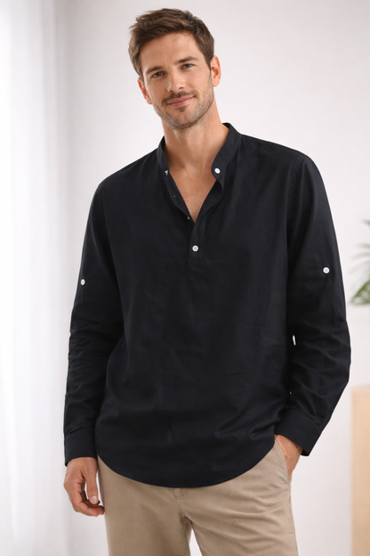 Théo - Chemise en Lin Homme Bohème à Col Mao et Manches Retroussables Casual