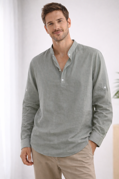 Théo - Chemise en Lin Homme Bohème à Col Mao et Manches Retroussables Casual