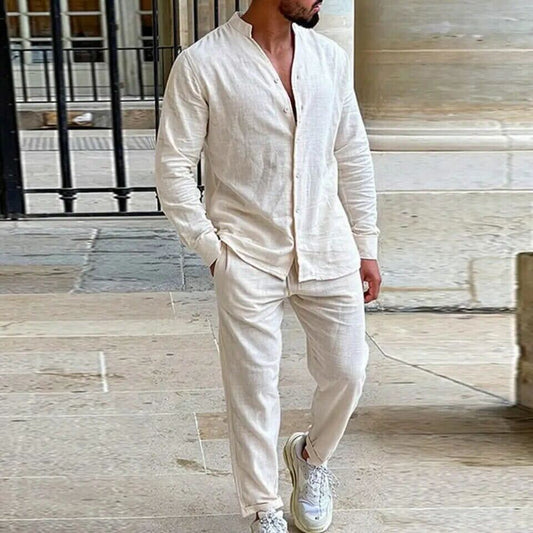 Théo - Ensemble en Lin Homme Casual avec Chemise Col Mao et Pantalon Assorti