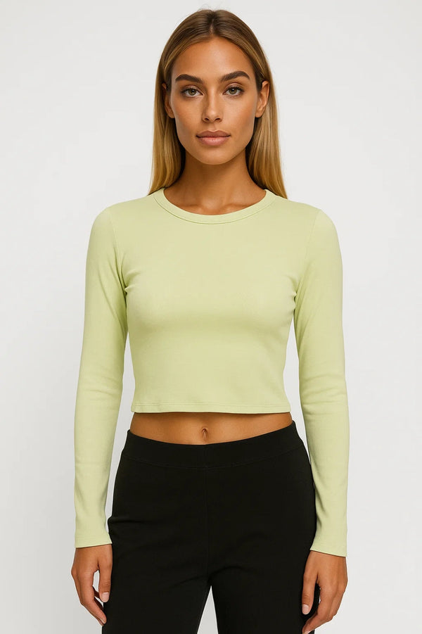 Top Femme - Crop Manches Longues Col Rond Ajusté | Casual