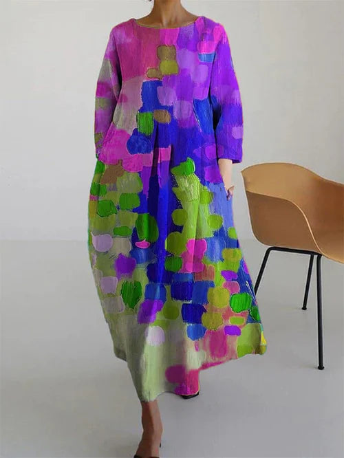 Victoire - Robe Maxi Femme Tendance à Imprimé Abstrait Multicolore et Coupe Oversize Bohème