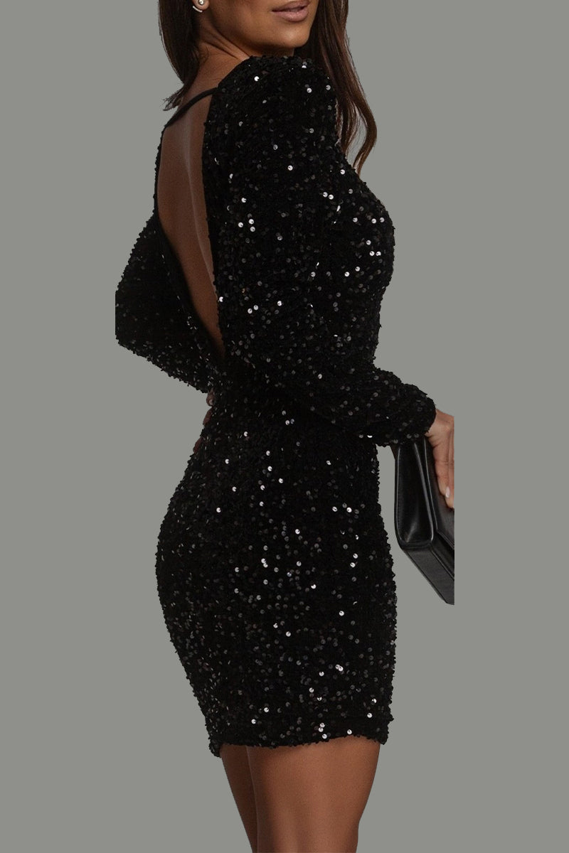 Zoé - Robe de soirée femme courte à paillettes avec manches longues
