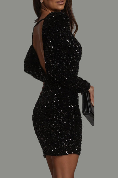 Zoé - Robe de soirée femme courte à paillettes avec manches longues