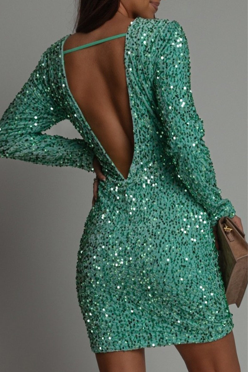 Zoé - Robe de soirée femme courte à paillettes avec manches longues