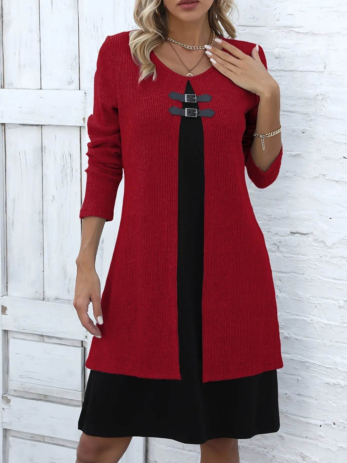 Zoé - Robe pull femme midi droite et chic à manches longues col V
