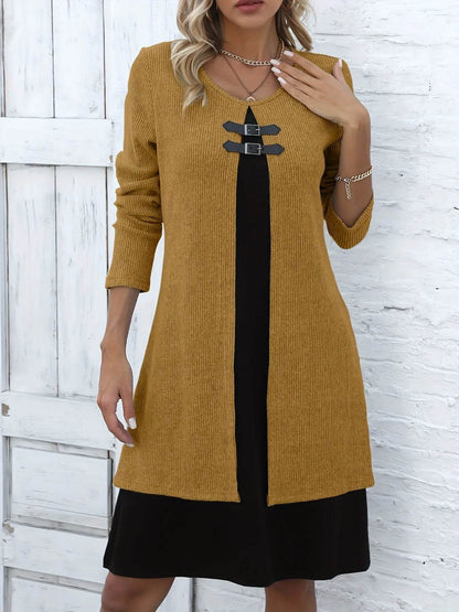 Zoé - Robe pull femme midi droite et chic à manches longues col V