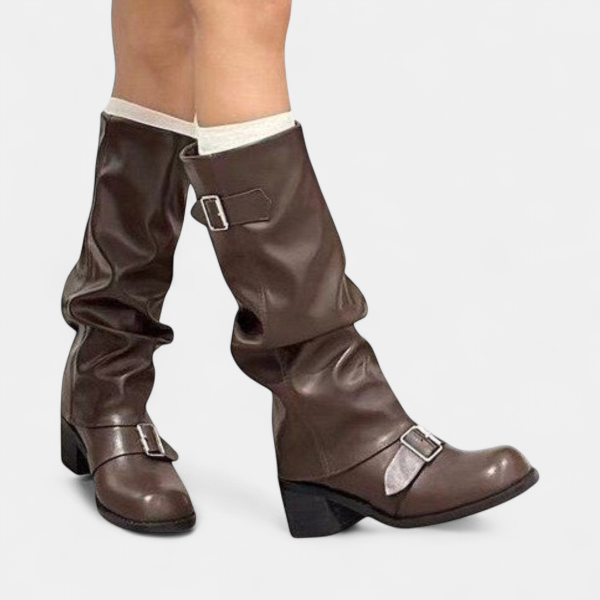 Zoe - Bottes hautes femme motardes à talon épais et boucles décoratives