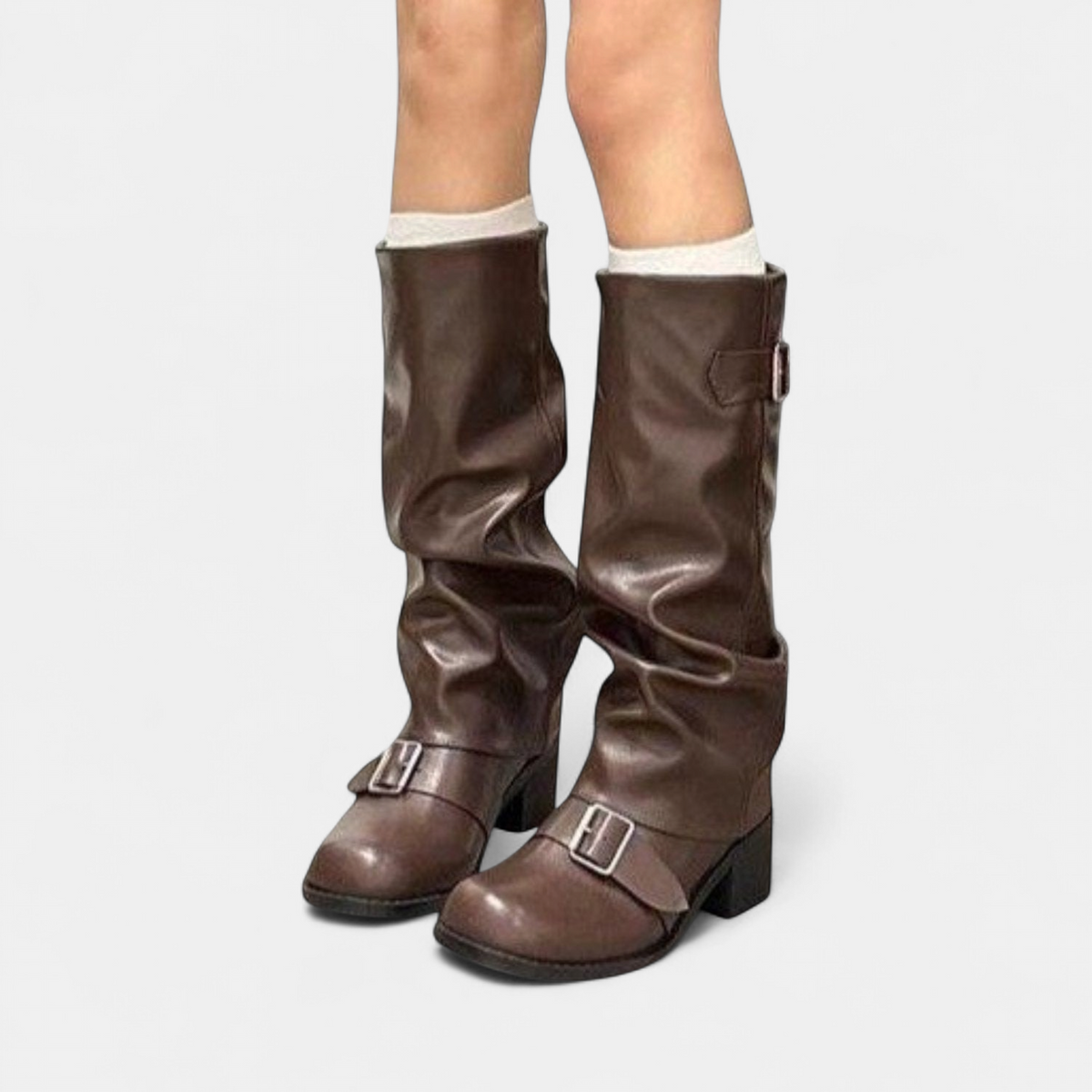 Zoe - Bottes hautes femme motardes à talon épais et boucles décoratives