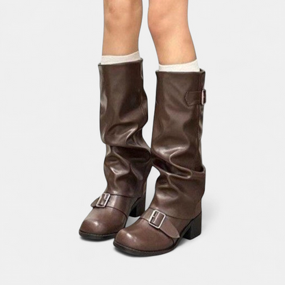 Zoe - Bottes hautes femme motardes à talon épais et boucles décoratives