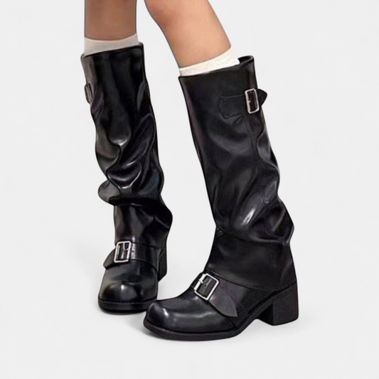 Zoe - Bottes hautes femme motardes à talon épais et boucles décoratives