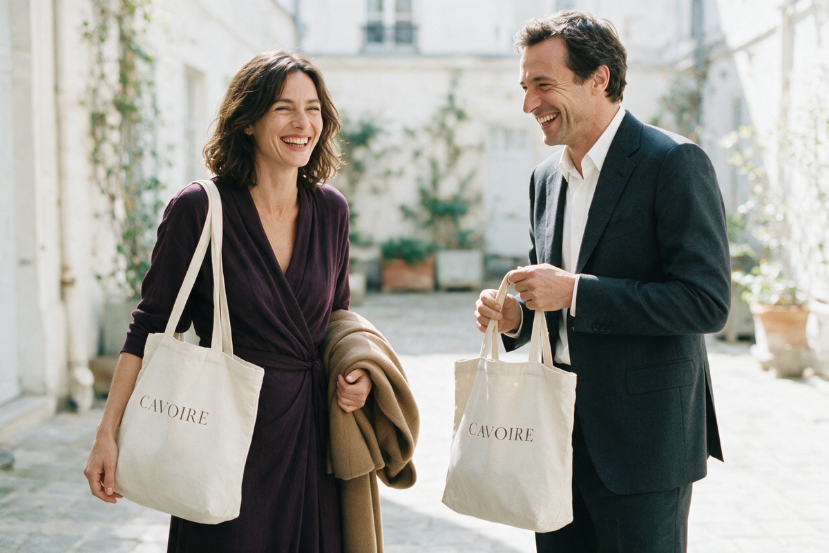 Cavoire couple in the French provinces, both carrying a Cavoire tote