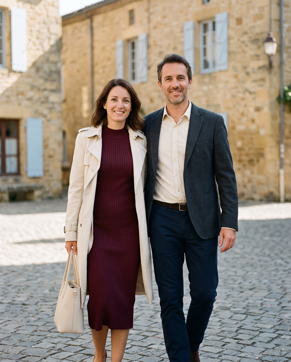 Couple marchant sur une place de village français en septembre