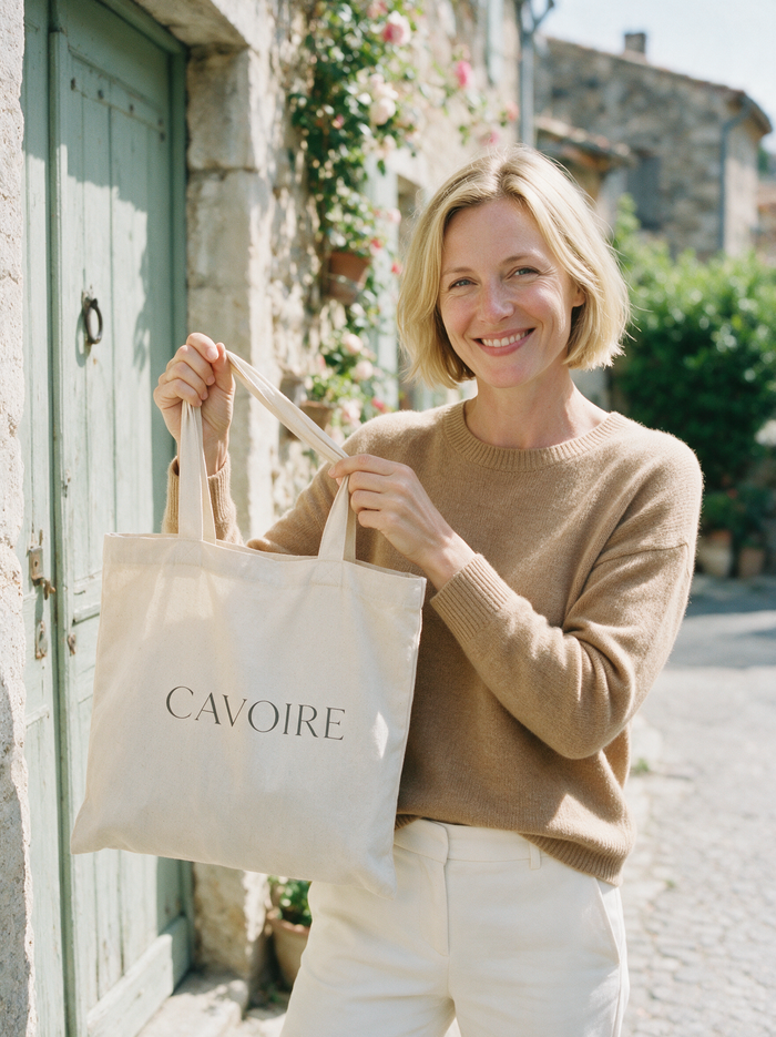 Femme Cavoire tenant un tote devant une porte