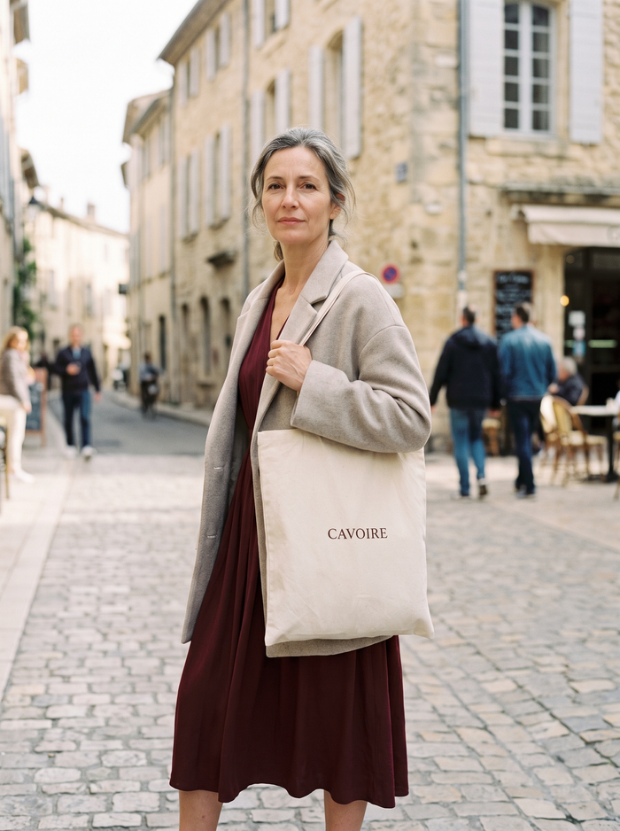 Femme Cavoire avec tote dans une rue de village