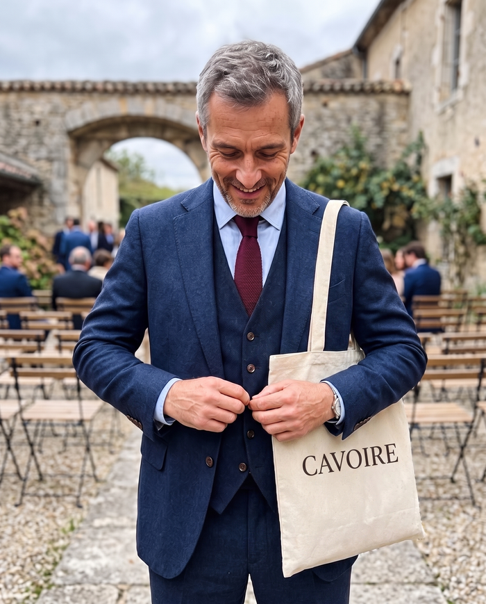 Homme en costume trois pièces marine boutonnant son gilet avant un mariage