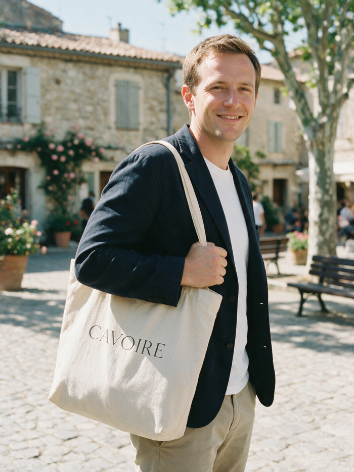 Homme Cavoire avec tote sur une place de village