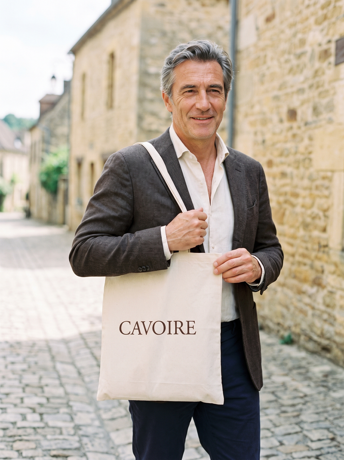 Homme Cavoire avec tote dans une rue de village