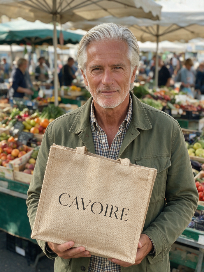 Homme en ensemble ocre au marché de village