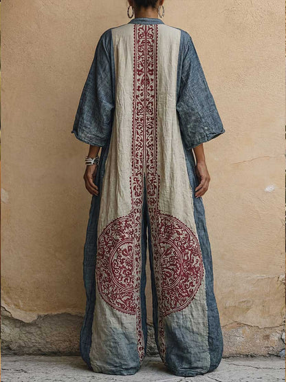 Élise - Combinaison en Lin Bohème Femme avec Broderies Mandala et Coupe Kaftan Maxi