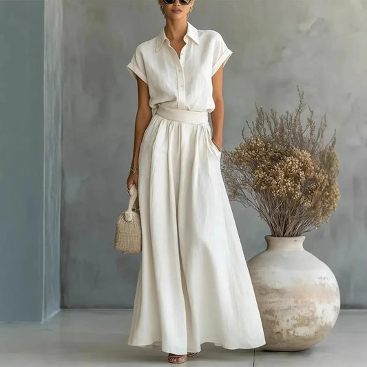Élise - Ensemble 2 Pièces en Lin Femme Chic avec Col Chemise et Jupe Ample