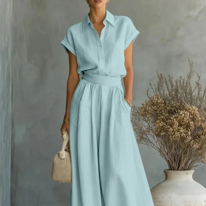Élise - Ensemble 2 Pièces en Lin Femme Chic avec Col Chemise et Jupe Ample