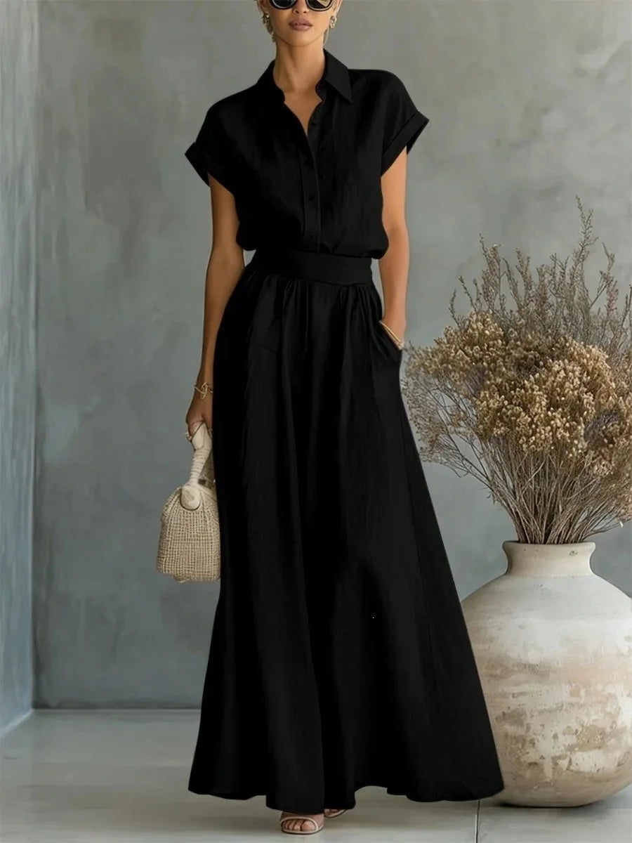 Élise - Ensemble 2 Pièces en Lin Femme Chic avec Col Chemise et Jupe Ample