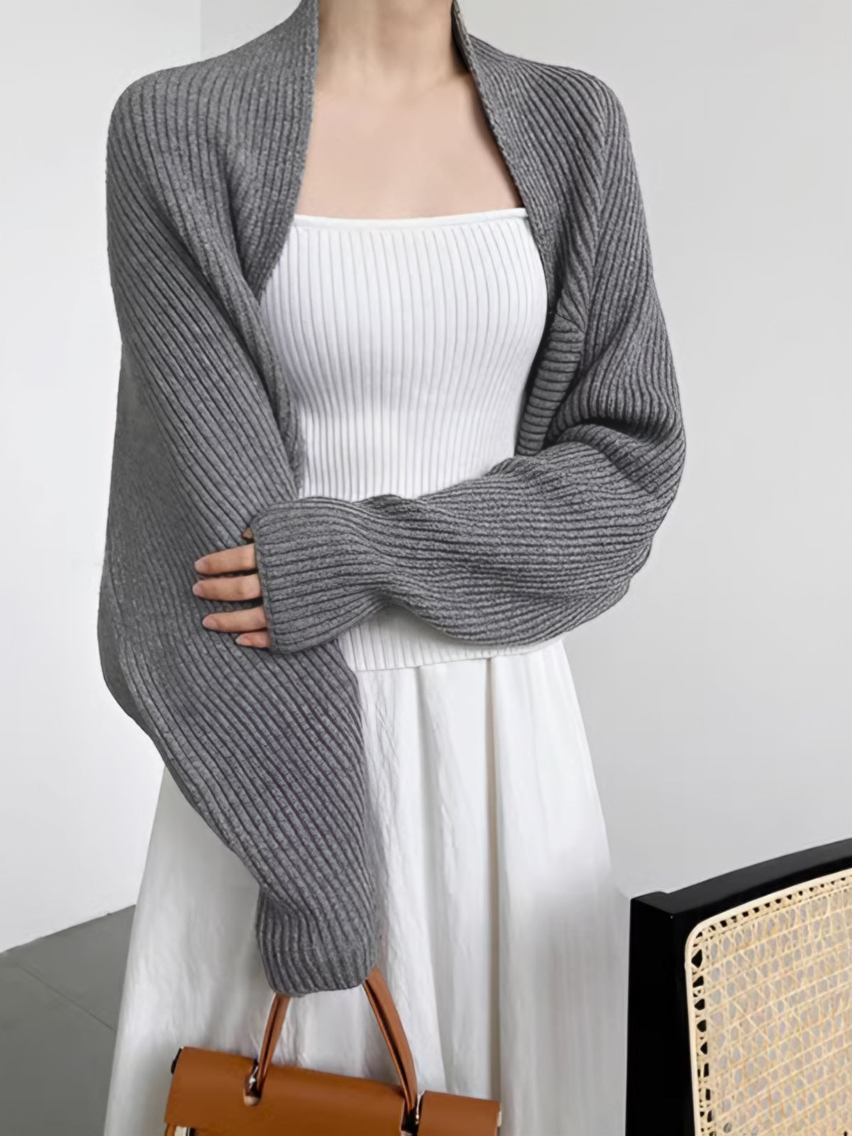 Élise - Gilet Femme en Maille Ouvert avec Manches Longues et Coupe Boléro