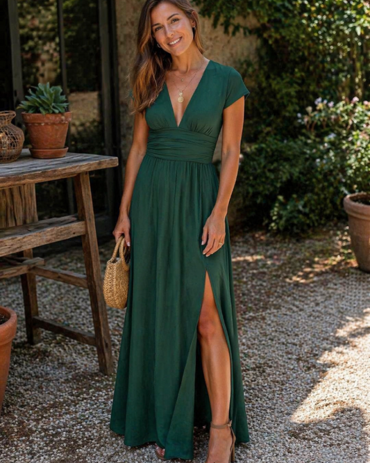 Élise - Robe Femme Été Maxi avec Col V et Fente Latérale Bohème