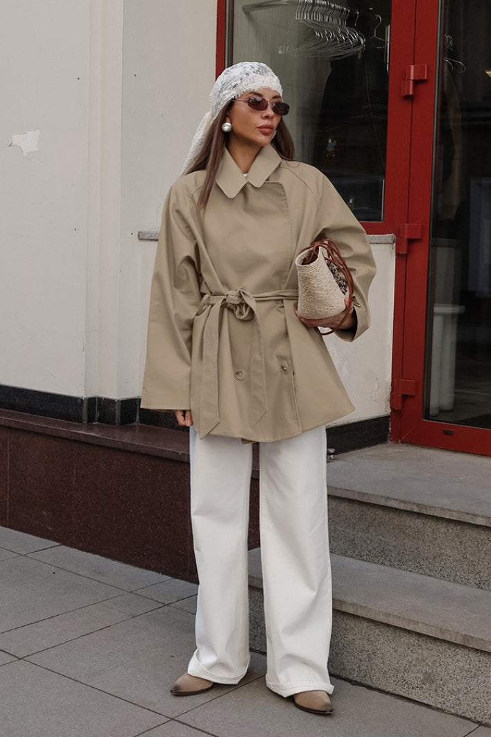 Élise - Trench Femme Court d'Automne avec Ceinture et Col Cranté